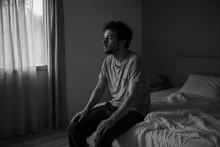 Homme assis au bord du lit au petit matin pendant que sa compagne dort encore, photographie en noir et blanc