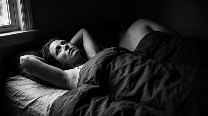 Femme éveillée dans le noir à côté de son conjoint endormi, photographie en noir et blanc
