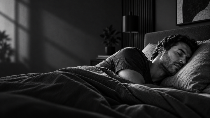 Homme dormant sur le côté dans une chambre sombre, illustration éditoriale de l’apnée du sommeil