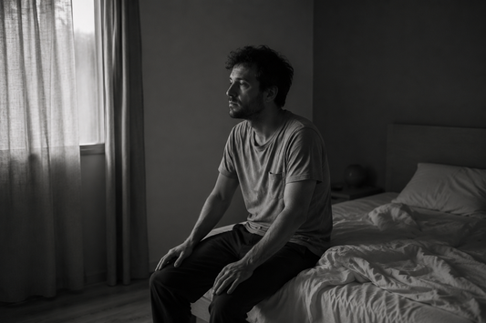 Homme assis au bord du lit au petit matin pendant que sa compagne dort encore, photographie en noir et blanc