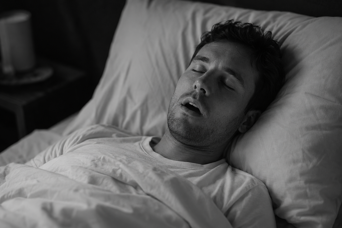 Homme dormant la bouche légèrement ouverte, illustration en noir et blanc de la respiration buccale nocturne