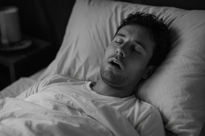 Homme dormant la bouche légèrement ouverte, illustration en noir et blanc de la respiration buccale nocturne