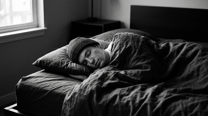 Personne dormant paisiblement en respiration nasale, photo noir et blanc — pourquoi ronfle-t-on, causes et solutions OXYZÈNE