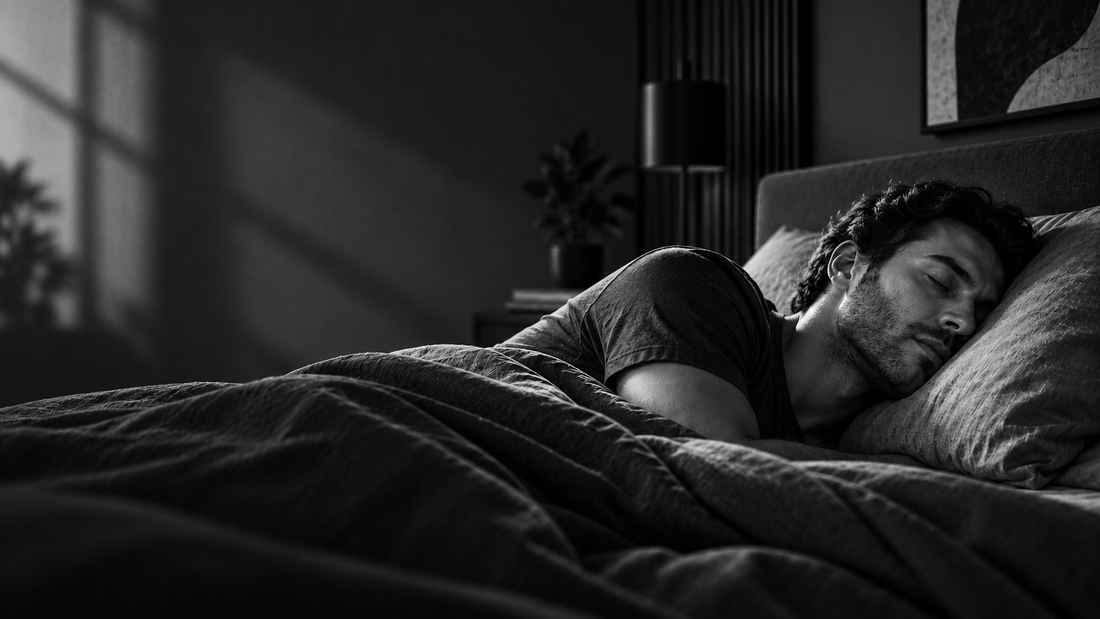 Homme dormant sur le côté dans une chambre sombre, illustration éditoriale de l’apnée du sommeil