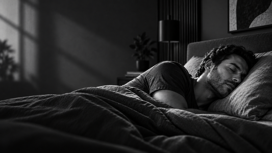 Homme dormant sur le côté dans une chambre sombre, illustration éditoriale de l’apnée du sommeil