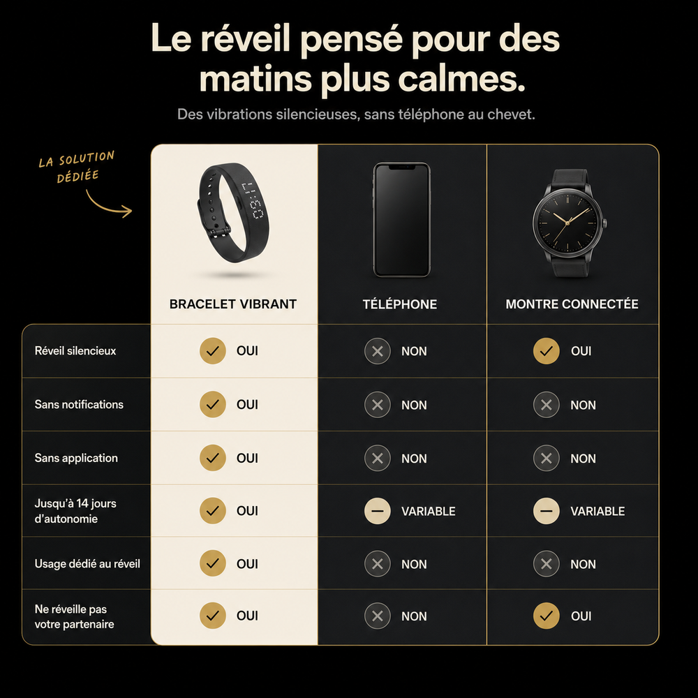 Le réveil pensé pour des matins plus calmes : bracelet vibrant OXYZÈNE comparé au téléphone et à la montre connectée
