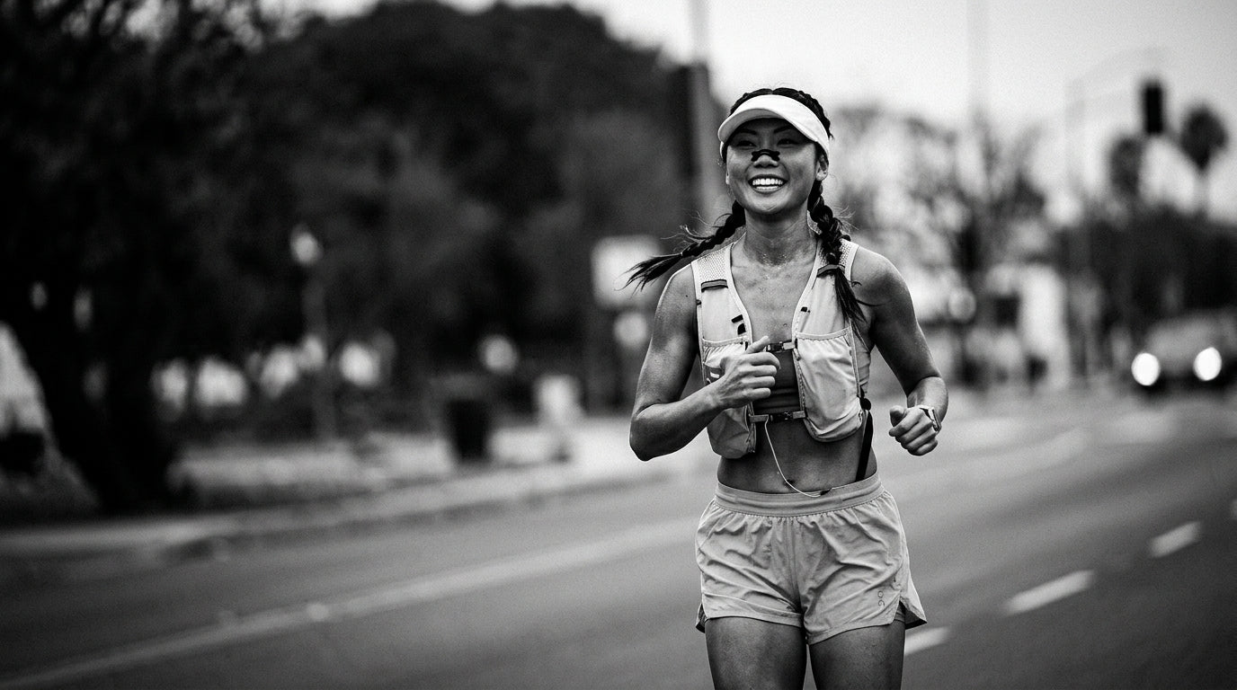 Coureuse OXYZENE en pleine course, noir et blanc